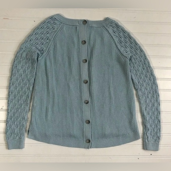 Ann Taylor Loft Open Knit Long Sleeve Sweater Womens Size Small Blue Back Button - Picture 10 of 12